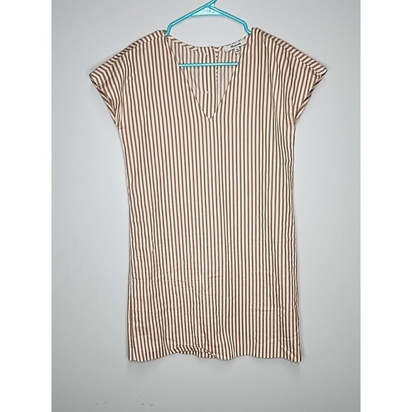 Madewell Button Back Easy Dress Size XXS Camel Tan White Striped Tunic Loose - Picture 3 of 6